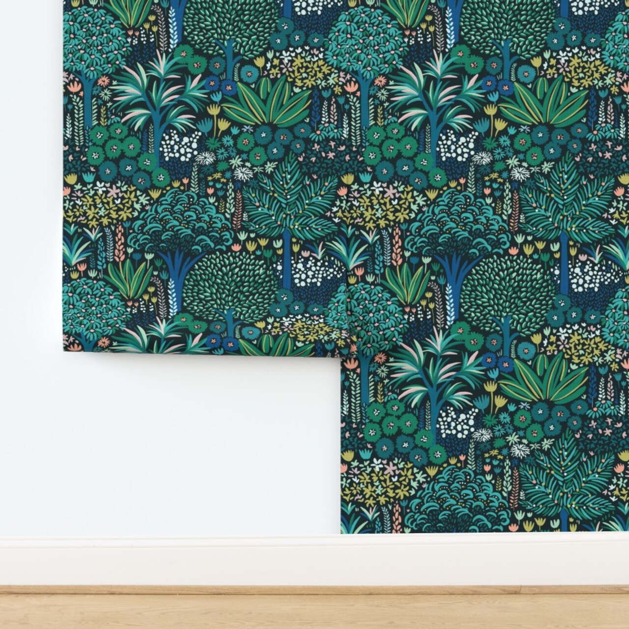 Bohemian Tropical Botanical Emerald Jade Whimsical Jungle Custom Pre-pasted Wallpaper by Spoonflower Pre-Pasted Wallpaper 2FT Wide